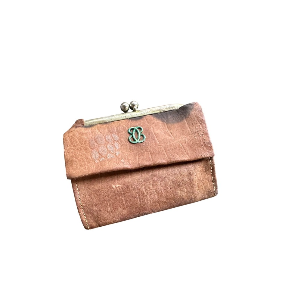 Vintage Lady Buxton Brown Alligator Grain Cowhide Kiss Lock Tri Fold Wallet 2272